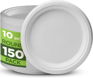 100% Compostable Paper Plates 150 Pack, 10 Inch Heavy Duty Biodegradable Microwavable Disposable White Dinner Plates, Made of Eco-Friendly, Natural Sugarcane Bagasse