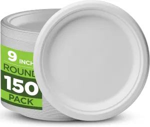100% Compostable Paper Plates Heavy Duty -150 Pack Biodegradable Disposable Plates - 9 Inch White Disposable Dinner Plates Made of Eco-Friendly, Natural Sugarcane Bagasse, Microwavable Plates Bulk