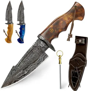 10" Handmade Damascus Hunting Knife with Sheath - Fixed Blade Hunting Knives for Men - Walnut Wood Handle Fixed Blade EDC Knife With Leather Sheath - Bushcraft Knives, Camping Knife Survival