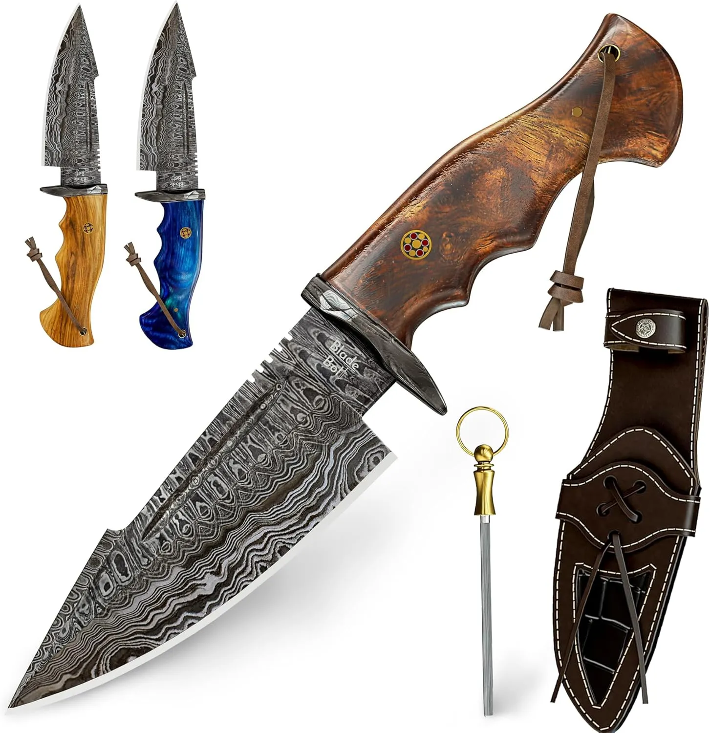 10" Handmade Damascus Hunting Knife with Sheath - Fixed Blade Hunting Knives for Men - Walnut Wood Handle Fixed Blade EDC Knife With Leather Sheath - Bushcraft Knives, Camping Knife Survival