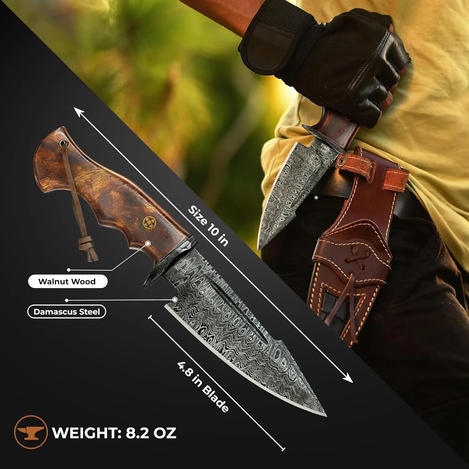 10" Handmade Damascus Hunting Knife with Sheath - Fixed Blade Hunting Knives for Men - Walnut Wood Handle Fixed Blade EDC Knife With Leather Sheath - Bushcraft Knives, Camping Knife Survival