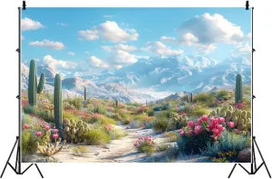 10x8ft Desert Backdrop Pink Flowers Rocky Mountains Natural Scenery Gobi Nature Background Vinyl Material Hiking Camping Western Cowboy Party Studio Props