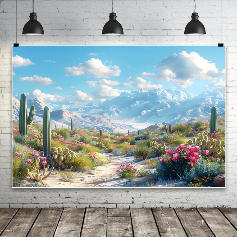 10x8ft Desert Backdrop Pink Flowers Rocky Mountains Natural Scenery Gobi Nature Background Vinyl Material Hiking Camping Western Cowboy Party Studio Props