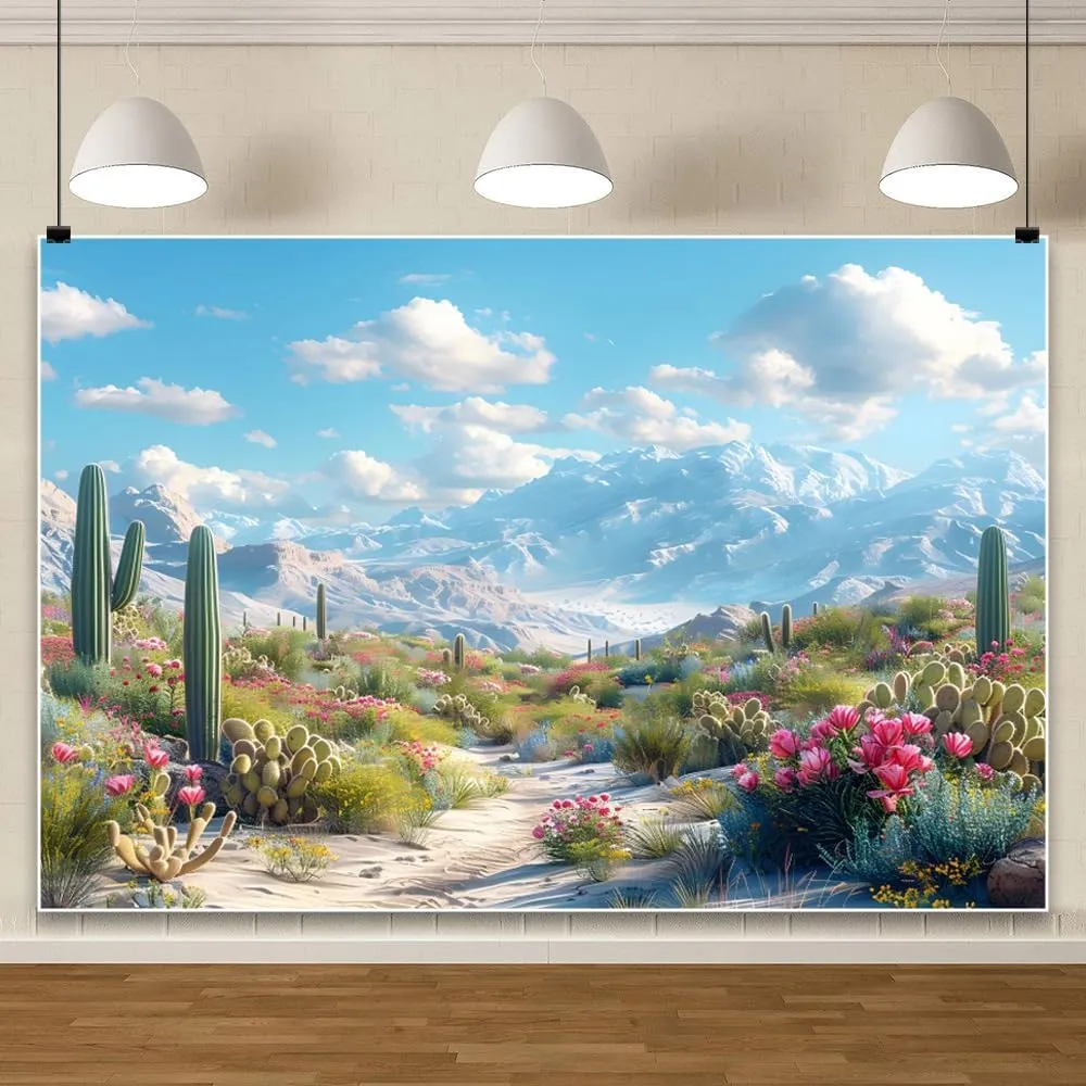 10x8ft Desert Backdrop Pink Flowers Rocky Mountains Natural Scenery Gobi Nature Background Vinyl Material Hiking Camping Western Cowboy Party Studio Props