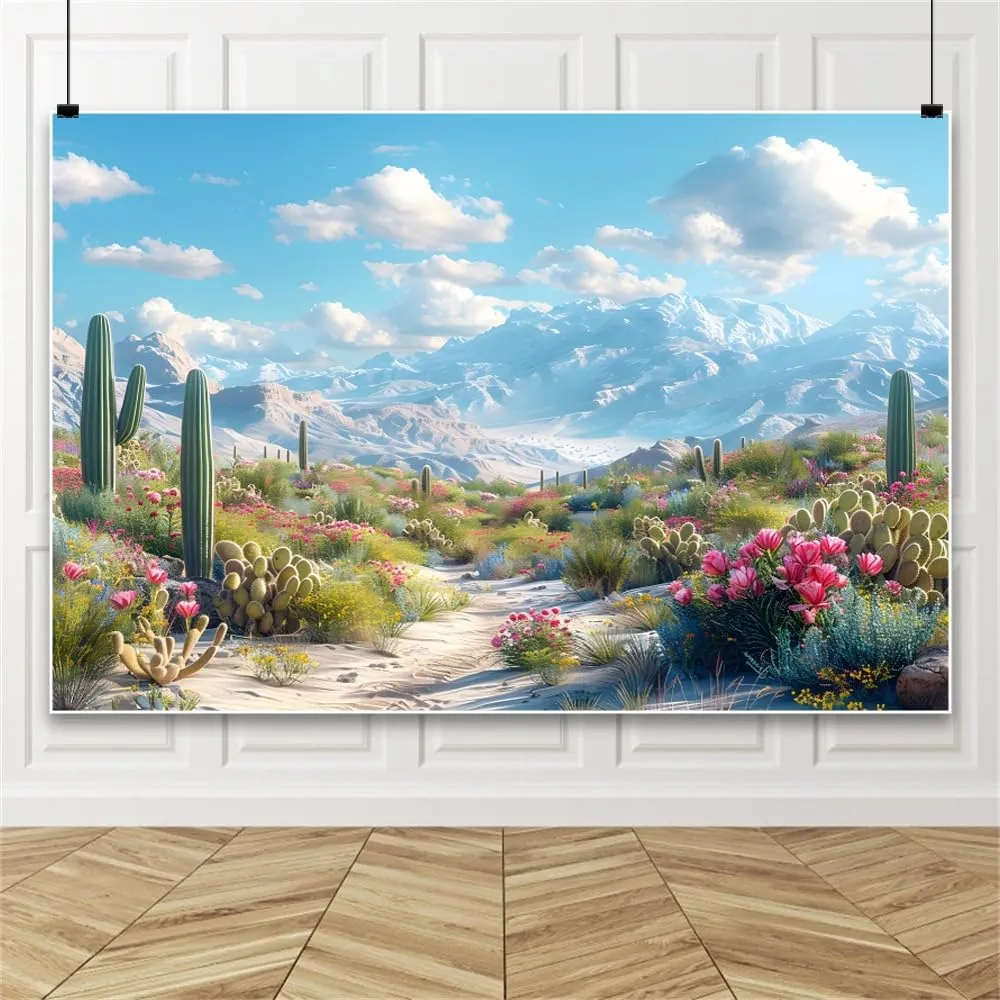 10x8ft Desert Backdrop Pink Flowers Rocky Mountains Natural Scenery Gobi Nature Background Vinyl Material Hiking Camping Western Cowboy Party Studio Props
