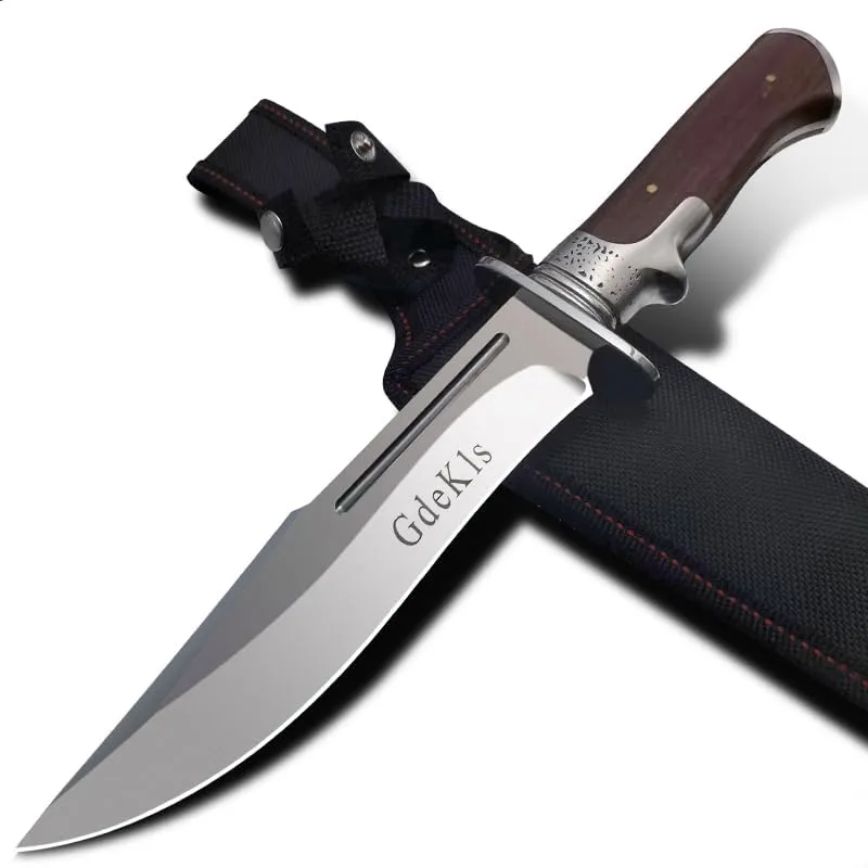 12 inch outdoor hunting knife, fixed blade, camping knife, fishing tool, steel blade, serrated blade, redwood anti-slip handle - survival tactical, with nylon sheath