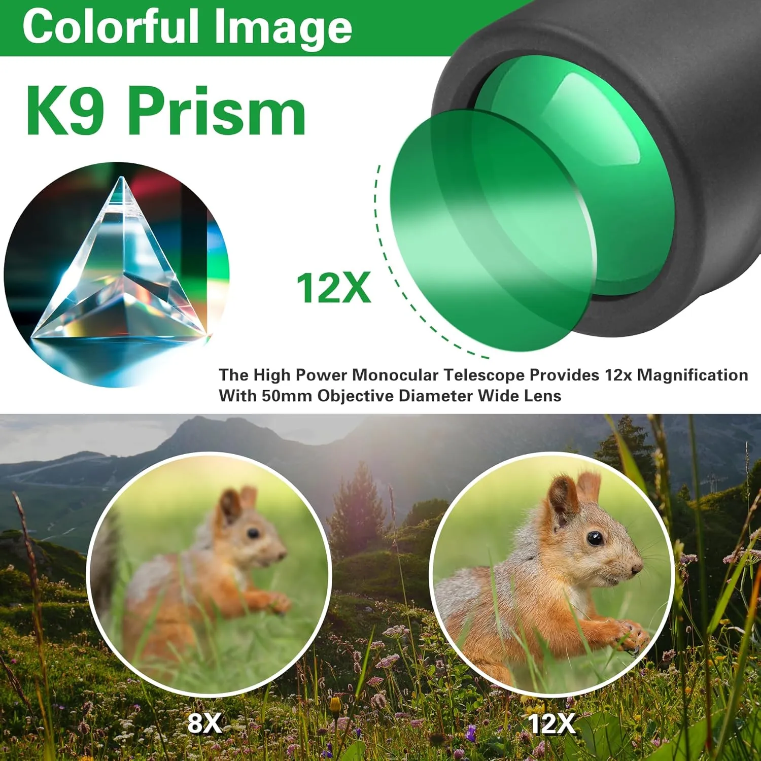 12x50 Handheld Monocular Telescope BAK-9 Prism Monoscope for Bird Watching Hunting Camping Traveling Stargazing Wildlife