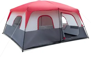 14 Person Camping Tent with Four Storage Pockets and Partition Door,Polyester Cloth Fiberglass Poles Tent with Iron Pegs,Durable Steel Leg,Beach Tent for Hiking, Mountaineering,Red and White