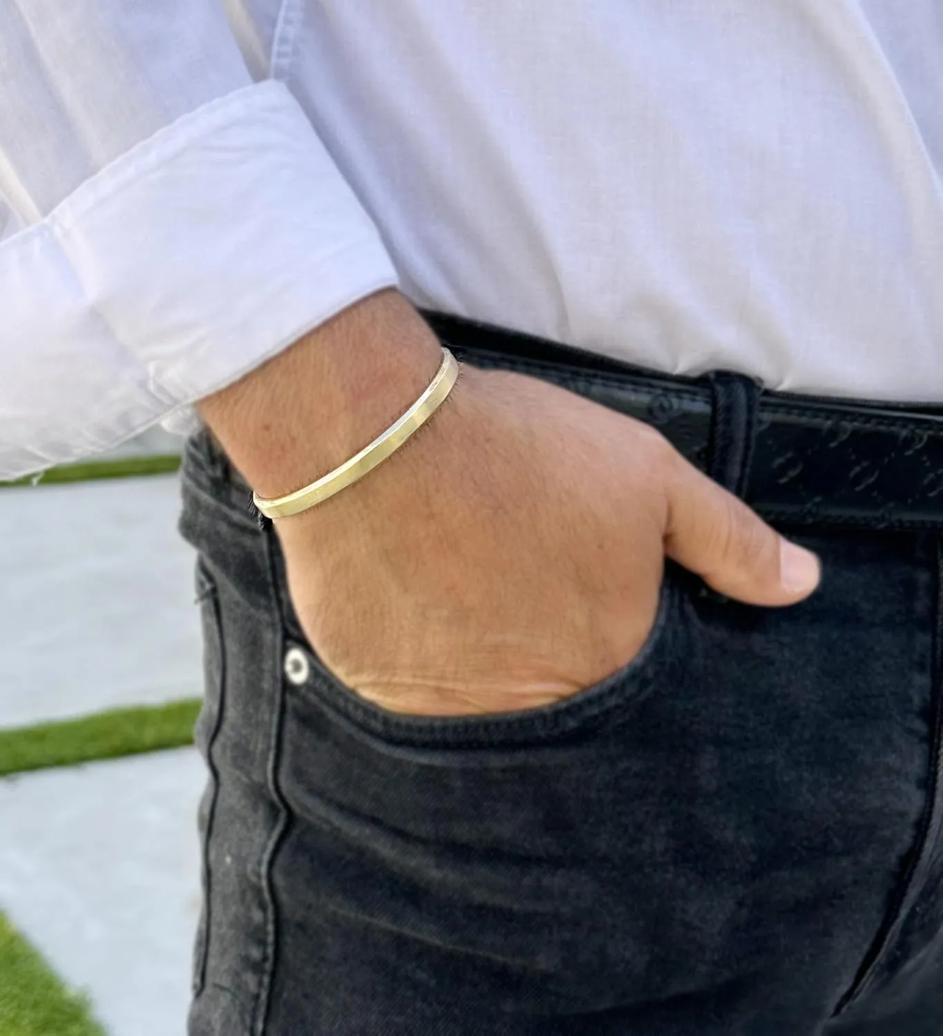 14K or 18K Solid and Very Heavy White Gold or Yellow Gold Or Rose Gold Men's Cuff Bangle 6mm Width Knife Cut Edges Design Brush Top Finish (7.5, 18K Yellow Gold)