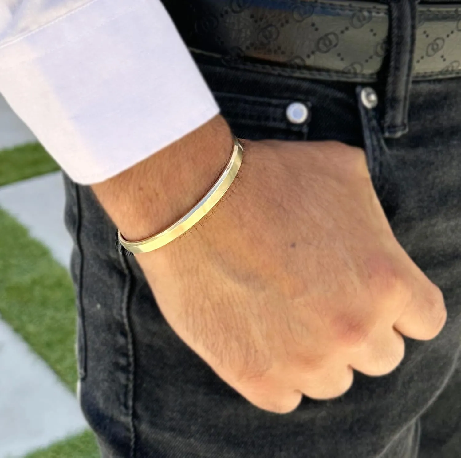 14K or 18K Solid and Very Heavy White Gold or Yellow Gold Or Rose Gold Men's Cuff Bangle 6mm Width Knife Cut Edges Design Brush Top Finish (7.5, 18K Yellow Gold)