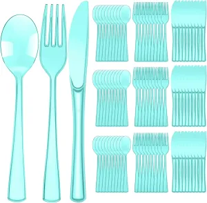 150 Pieces Disposable Cutlery Set Plastic Silverware Heavy Duty Utensil Sets 50 Forks 50 Knives 50 Spoons for Home Office School Party Picnics Restaurant Outdoor Events or Every Day Use (Light Green)