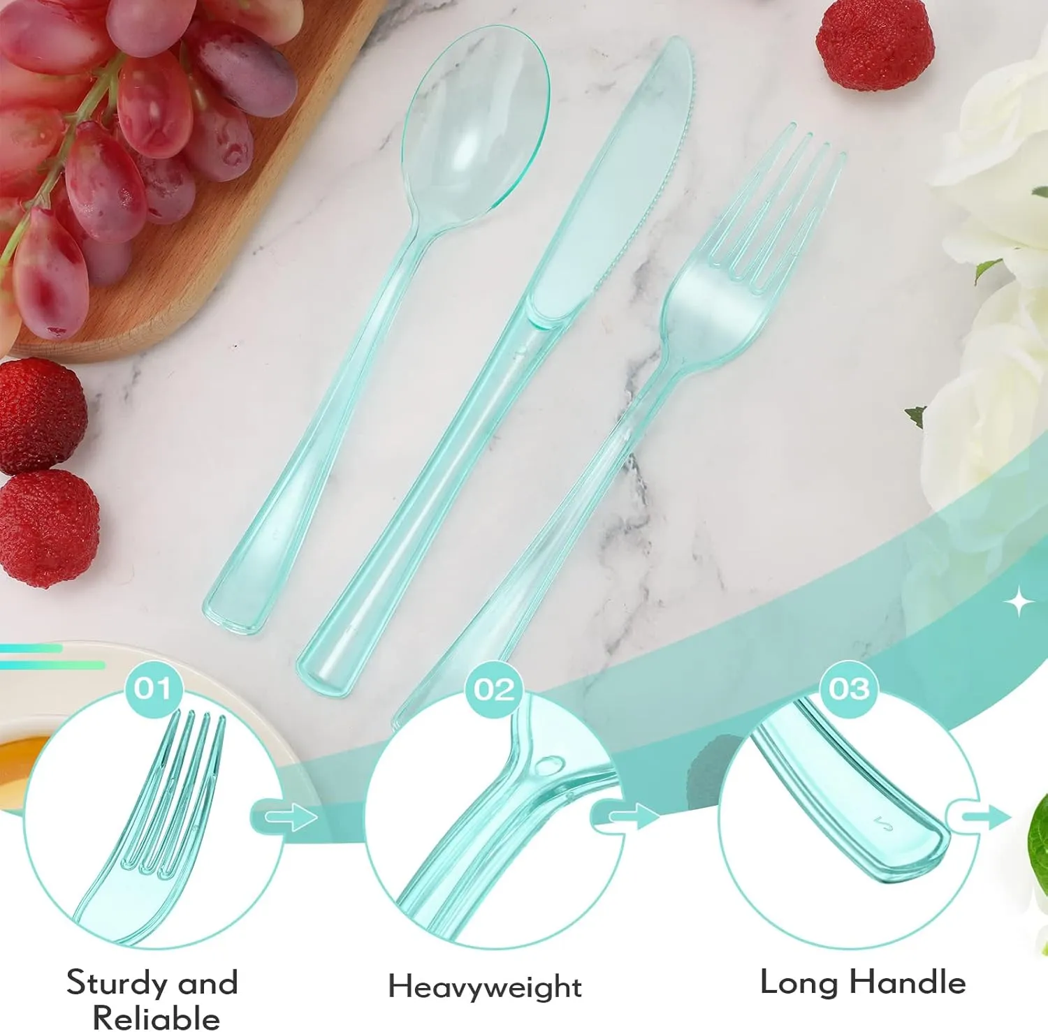 150 Pieces Disposable Cutlery Set Plastic Silverware Heavy Duty Utensil Sets 50 Forks 50 Knives 50 Spoons for Home Office School Party Picnics Restaurant Outdoor Events or Every Day Use (Light Green)