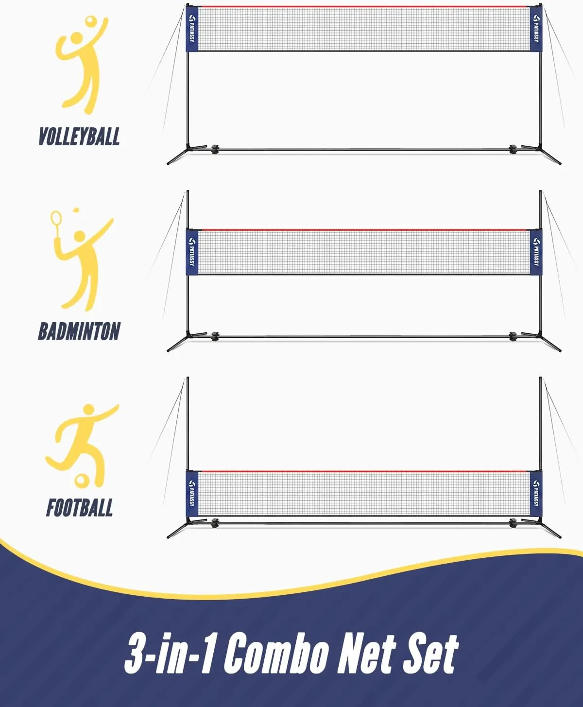17FT Badminton Volleyball Combo Net Set for Backyard, 5.1ft-7.4ft Adjustable Heigh Portable Sports Net with Poles, 4 Badminton Rackets, 3 Shuttlecocks and Volleyball for Driveway Game