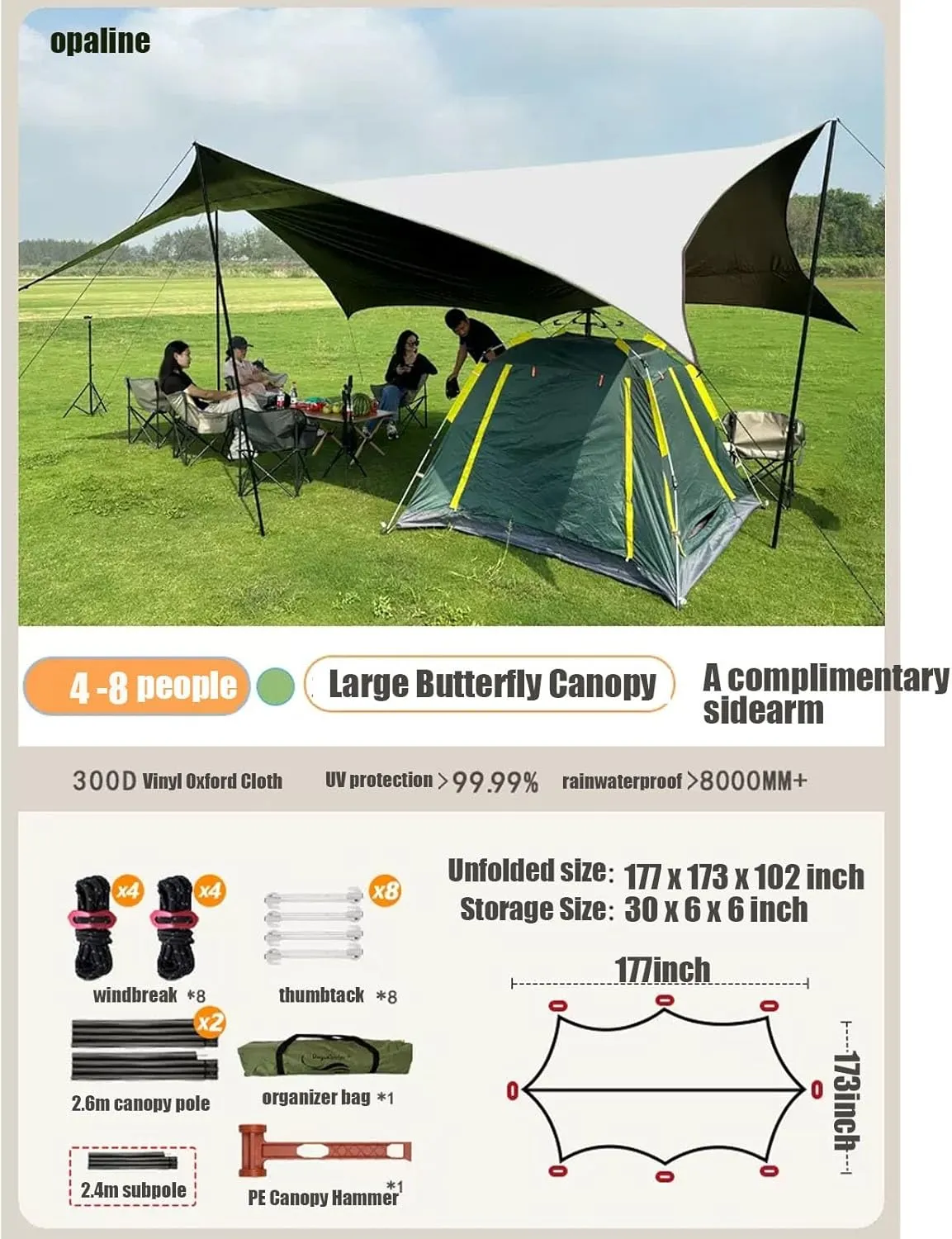 18x15ft Waterproof Portable Tarp with Poles Multifunctional Outdoor Camping Traveling Awning Backpacking Hiking Traveling Outdoor Sports(Milky White,177x173x102inch)