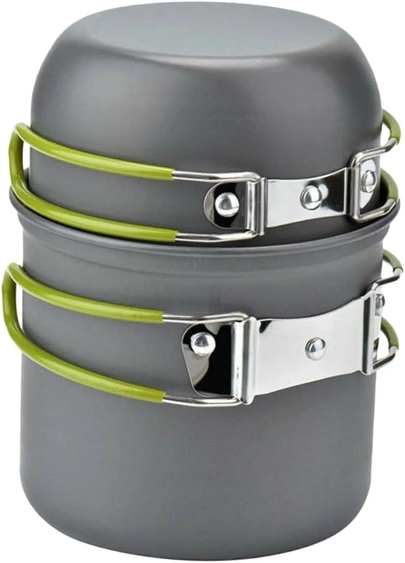 1Set Outdoor Camping Cooking Set Portable Non Stick Pan and Teapot for People Lightweight Cookware with for Backpacking and Picnics Grey