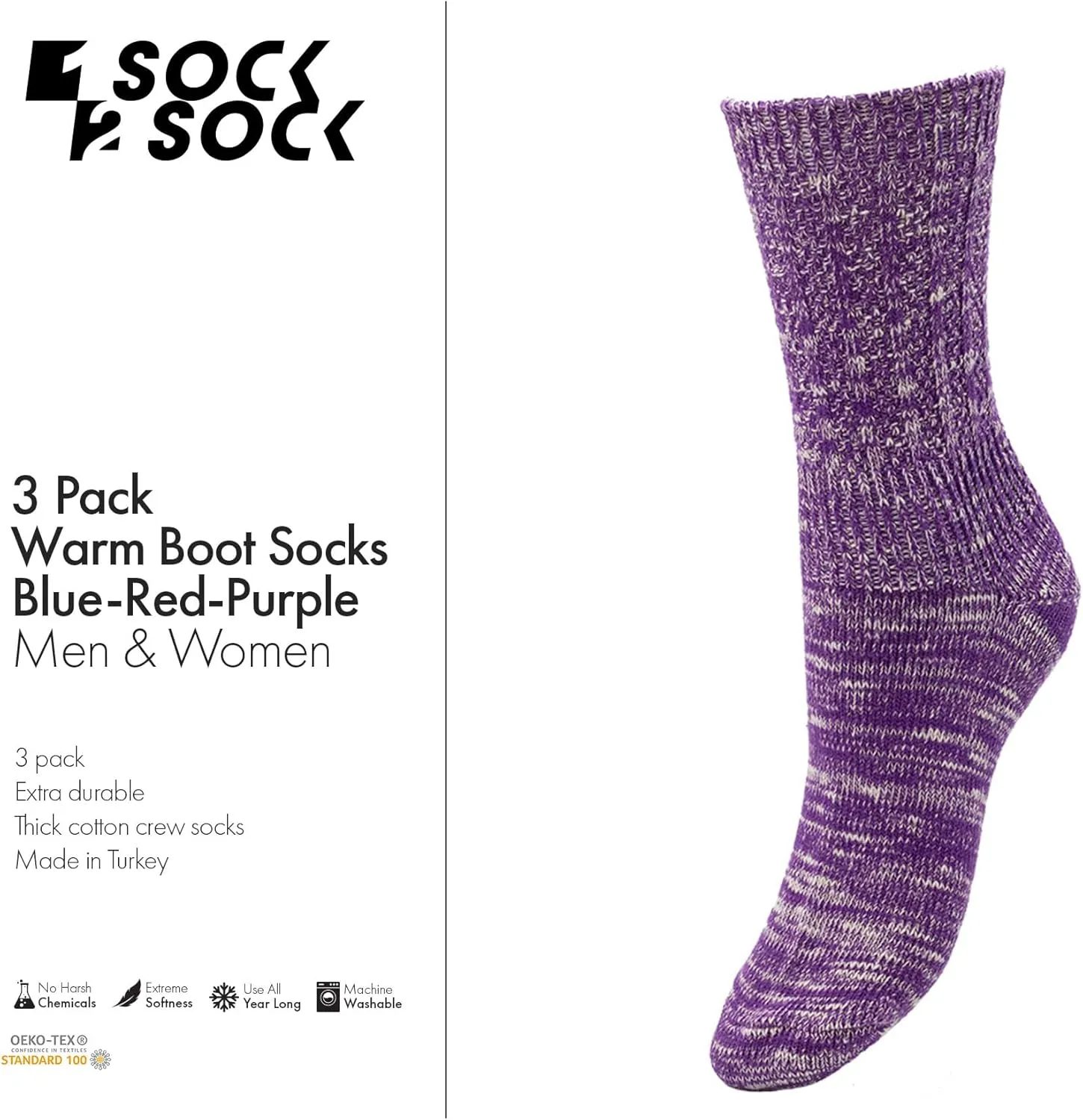 1SOCK2SOCK - Women's Warm Fuzzy Thermal Turkish Cotton Crew Socks - Cold Weather & Hiking