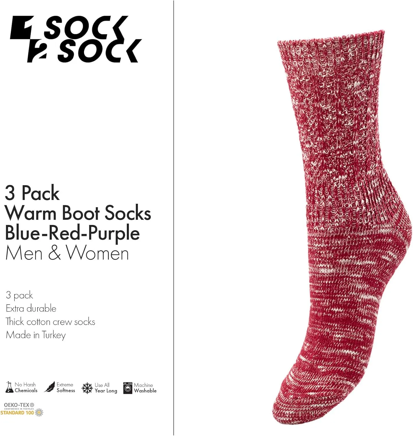 1SOCK2SOCK - Women's Warm Fuzzy Thermal Turkish Cotton Crew Socks - Cold Weather & Hiking