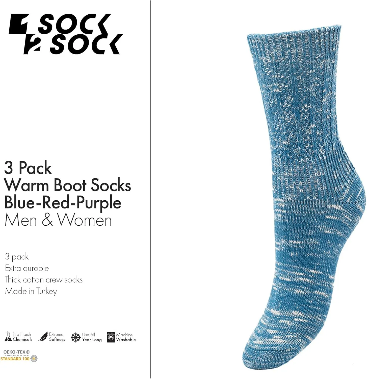 1SOCK2SOCK - Women's Warm Fuzzy Thermal Turkish Cotton Crew Socks - Cold Weather & Hiking