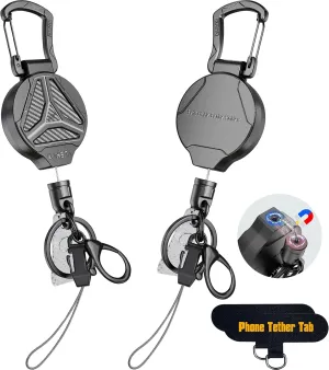 2 Pack Retractable Keychain Heavy Duty Carabiner Badge Holder Clip With Magnetic, Tactical Id Badge Reel With 32'' Steel Retractable Cord, Key Ring, Lobster Claw Clasp and Phone Tethers