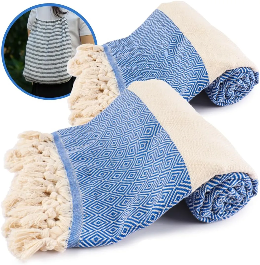 2 Pack! Turkish Beach Towel   Backpack - Handmade Oversized Cotton Beach Towel - 39" x 72" for Bath, Beach, Pool, Picnic, Yoga - Royal Blue