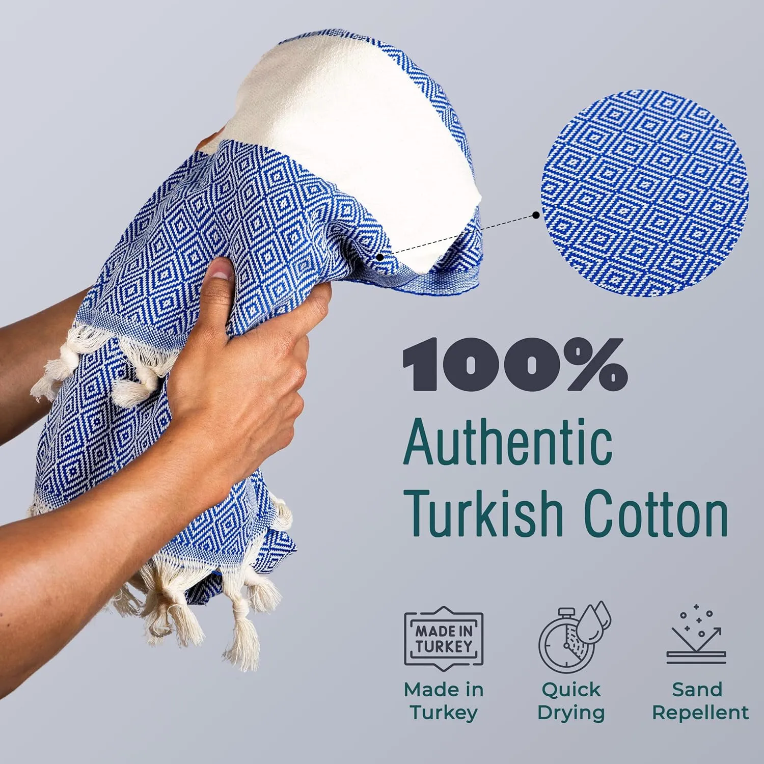 2 Pack! Turkish Beach Towel   Backpack - Handmade Oversized Cotton Beach Towel - 39" x 72" for Bath, Beach, Pool, Picnic, Yoga - Royal Blue