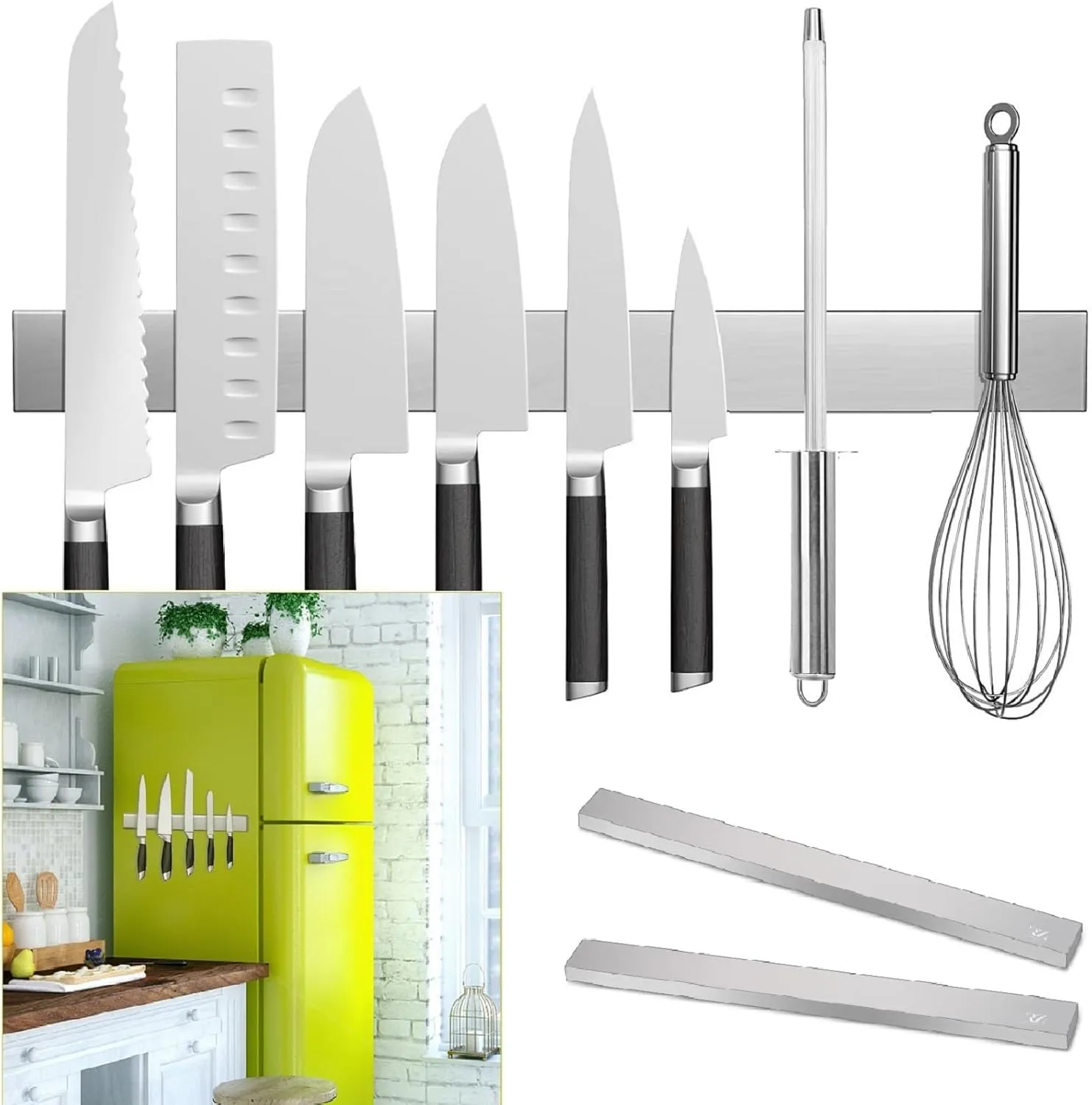 2 PCS Knife Magnetic Strip no Drilling (Refrigerator Applicable), 17 inch Magnetic Knife Holder for Wall, Premium Stainless Steel Magnetic Knife Bar, Used as Tool Holder, Knife Rack, and More