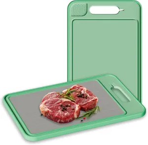 2-Sided Cutting Board with Built-In Grinder & Knife Sharpener - Stainless Steel & Buckwheat Surface - Non-Slip, Durable, Easy-to-Clean, Juice Groove, Portable for Kitchen & Camping (Mint)