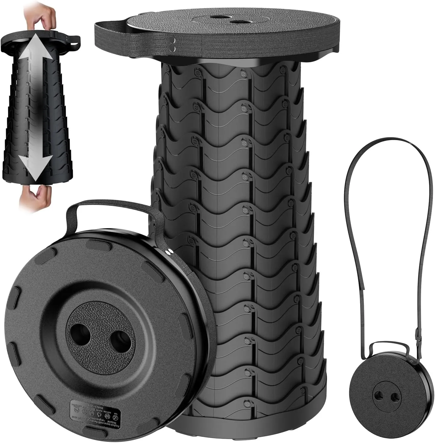 2025 Upgraded Collapsible Stool, Portable Folding Stool, Telescoping Camping Stool, Round Retractable Seat with Anti-Slip Bottom for Camping Gardening Fishing Hiking BBQ [Black]