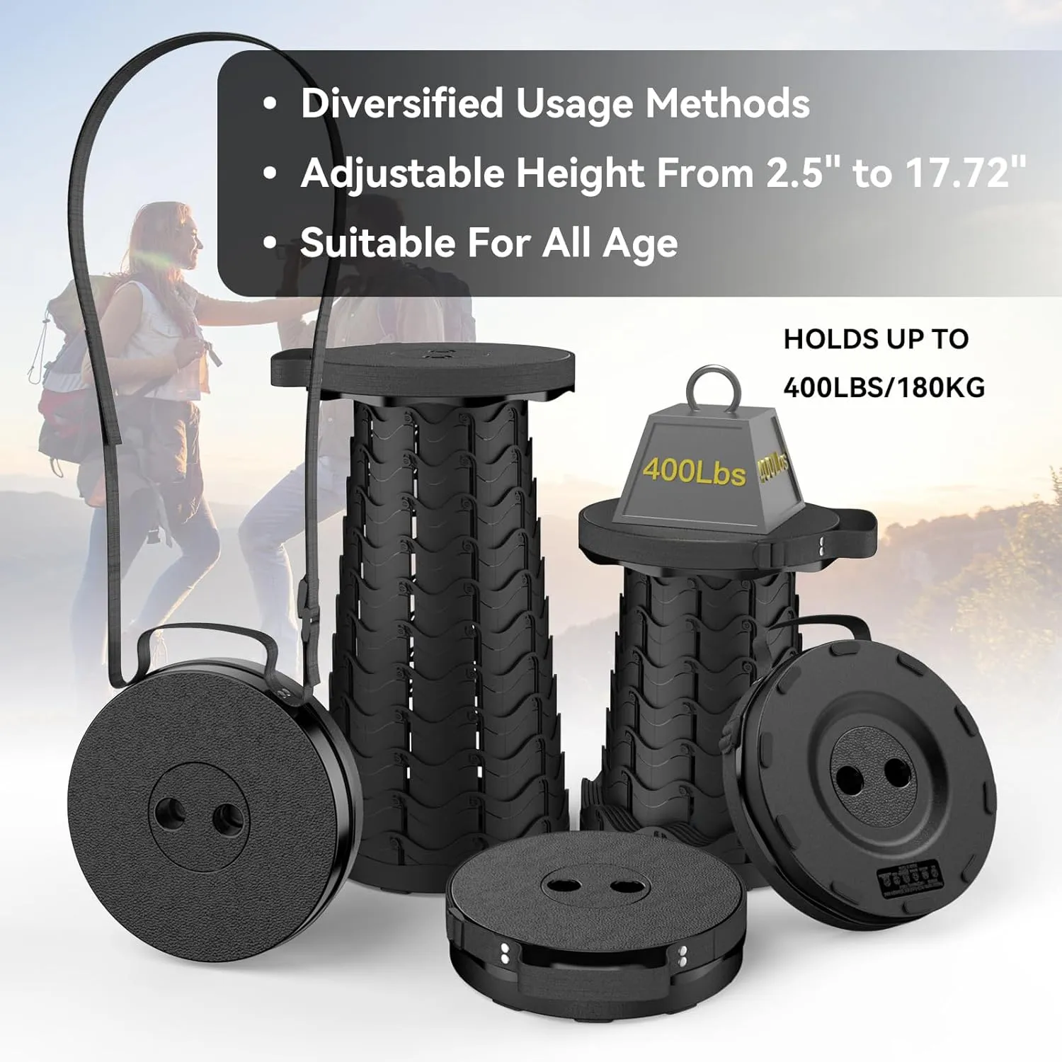 2025 Upgraded Collapsible Stool, Portable Folding Stool, Telescoping Camping Stool, Round Retractable Seat with Anti-Slip Bottom for Camping Gardening Fishing Hiking BBQ [Black]