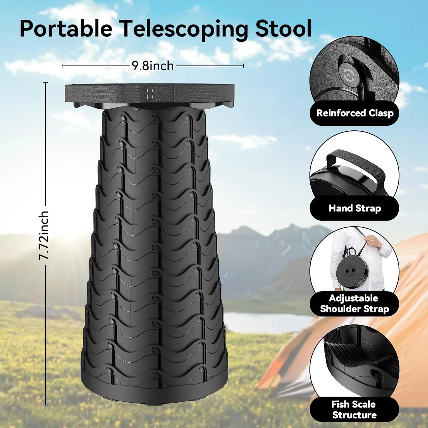 2025 Upgraded Collapsible Stool, Portable Folding Stool, Telescoping Camping Stool, Round Retractable Seat with Anti-Slip Bottom for Camping Gardening Fishing Hiking BBQ [Black]