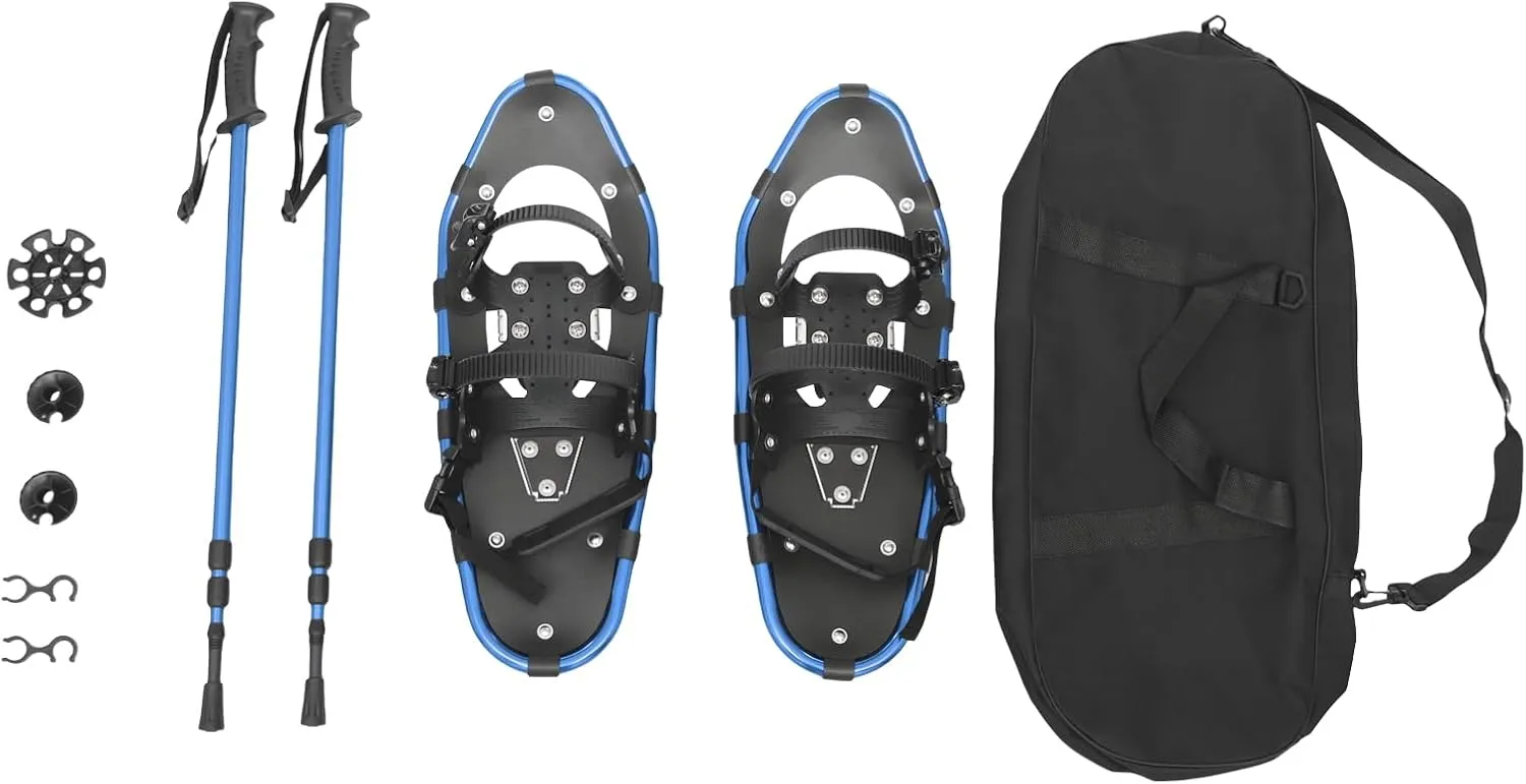 21" Lightweight Snow Shoes - Aluminum Frame Snow Shoes for Mens and Women with Adjustable Trekking Poles and Carrying Tote Bag, All-Terrain Snowshoes for Ski Resorts and Outdoor Skiing (Blue)