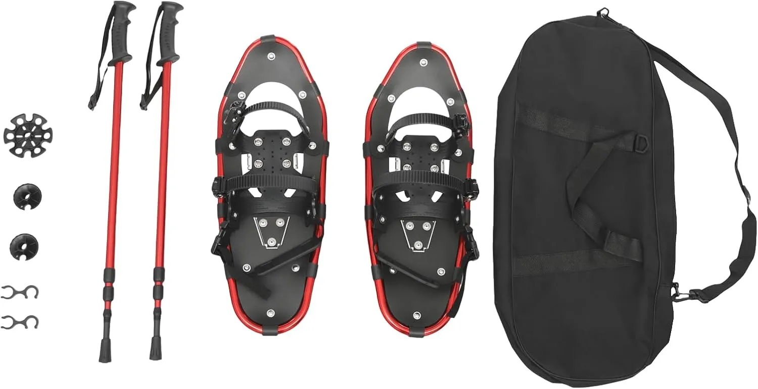 21" Lightweight Snow Shoes - Aluminum Frame Snow Shoes for Mens and Women with Adjustable Trekking Poles and Carrying Tote Bag, All-Terrain Snowshoes for Ski Resorts and Outdoor Skiing (Red)