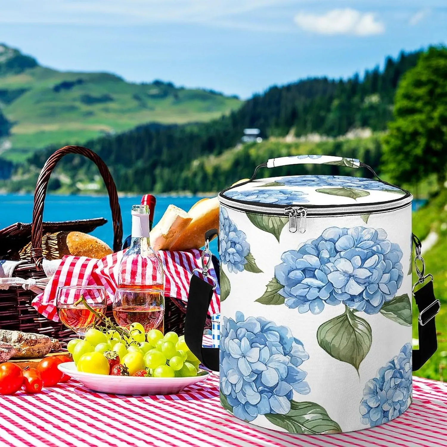 24 Cans Collapsible Soft Cooler Bag,Blue Hydrangea Pattern Large Leakproof Camping Cooler,Portable Travel Cooler for Picnic, Camping, Beach, Trip