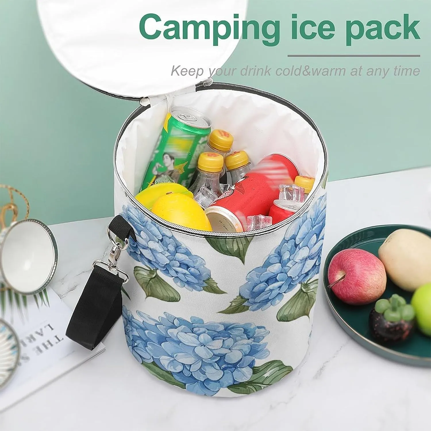 24 Cans Collapsible Soft Cooler Bag,Blue Hydrangea Pattern Large Leakproof Camping Cooler,Portable Travel Cooler for Picnic, Camping, Beach, Trip