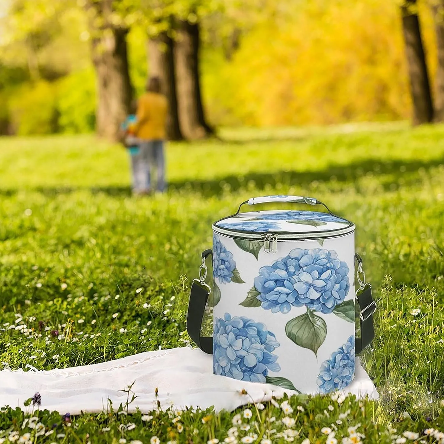 24 Cans Collapsible Soft Cooler Bag,Blue Hydrangea Pattern Large Leakproof Camping Cooler,Portable Travel Cooler for Picnic, Camping, Beach, Trip