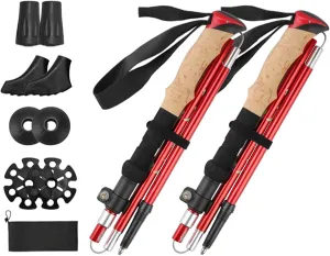 2Pcs Collapsible Walking Sticks, Adjustable Folding Aluminum Trekking Poles with EVA Foam Grips, Lightweight Hiking Sticks for Outdoor Backpacking, Mountain Climbing, Red