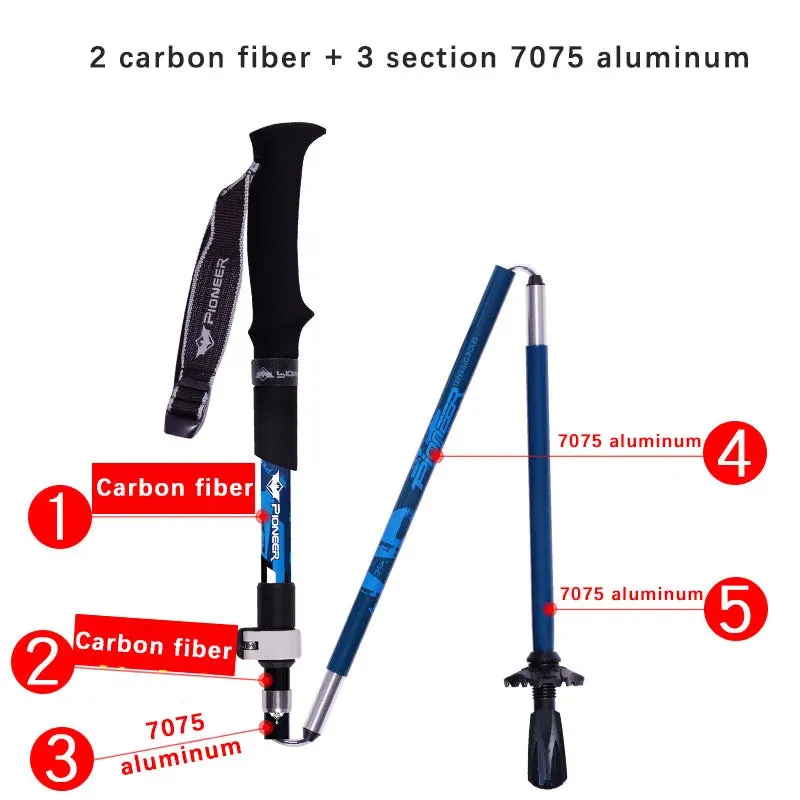 2pcs Folding 5-Section Trekking Poles - Carbon Fiber and Aluminum Alloy Walking Sticks for Mountain Climbing and Hiking
