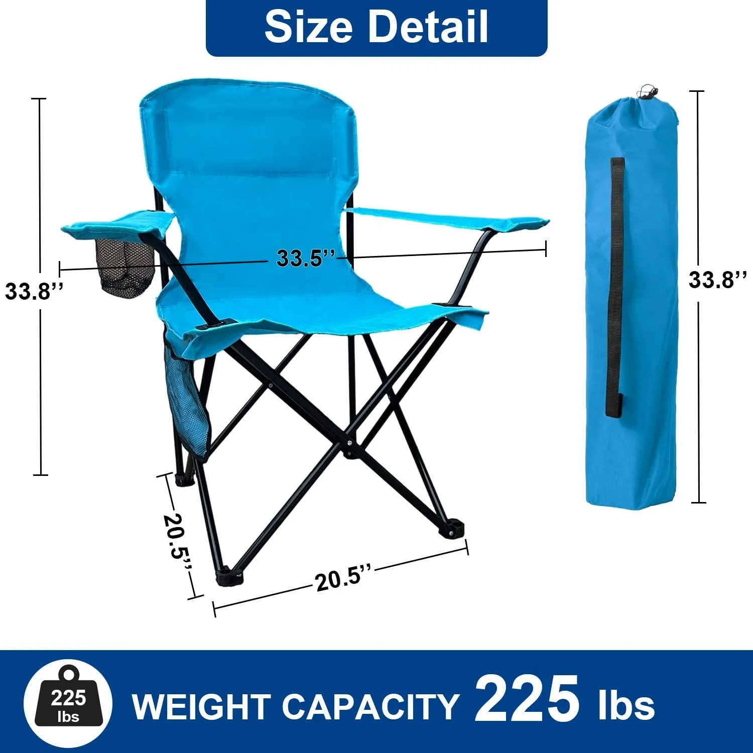 2PCS Folding Camping Collapsible Chairs Heavy Duty Lawn Chair with Cooler Bag, Storage Pocket, Waterproof Bag Outdoor Arm Chair, Supports 225LBS, Blue