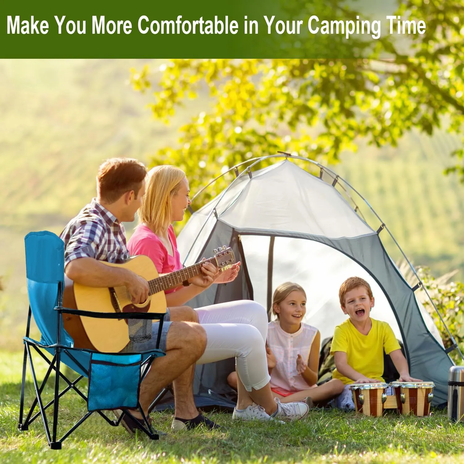 2PCS Folding Camping Collapsible Chairs Heavy Duty Lawn Chair with Cooler Bag, Storage Pocket, Waterproof Bag Outdoor Arm Chair, Supports 225LBS, Blue