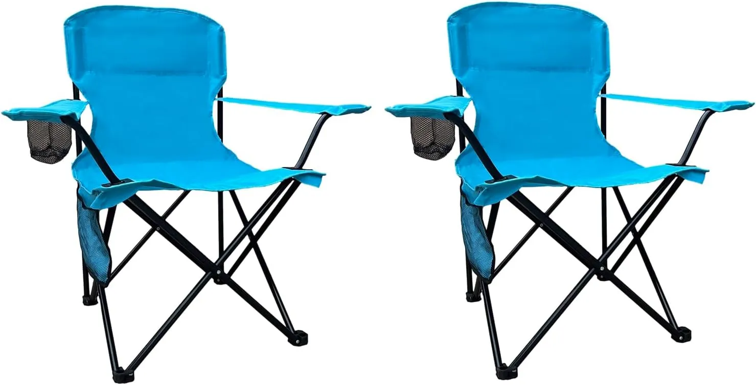2PCS Folding Camping Collapsible Chairs Heavy Duty Lawn Chair with Cooler Bag, Storage Pocket, Waterproof Bag Outdoor Arm Chair, Supports 225LBS, Blue