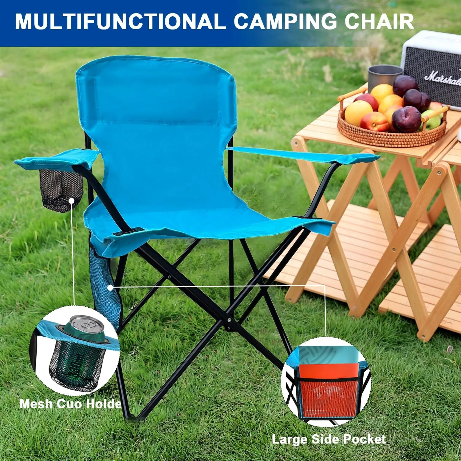 2PCS Folding Camping Collapsible Chairs Heavy Duty Lawn Chair with Cooler Bag, Storage Pocket, Waterproof Bag Outdoor Arm Chair, Supports 225LBS, Blue