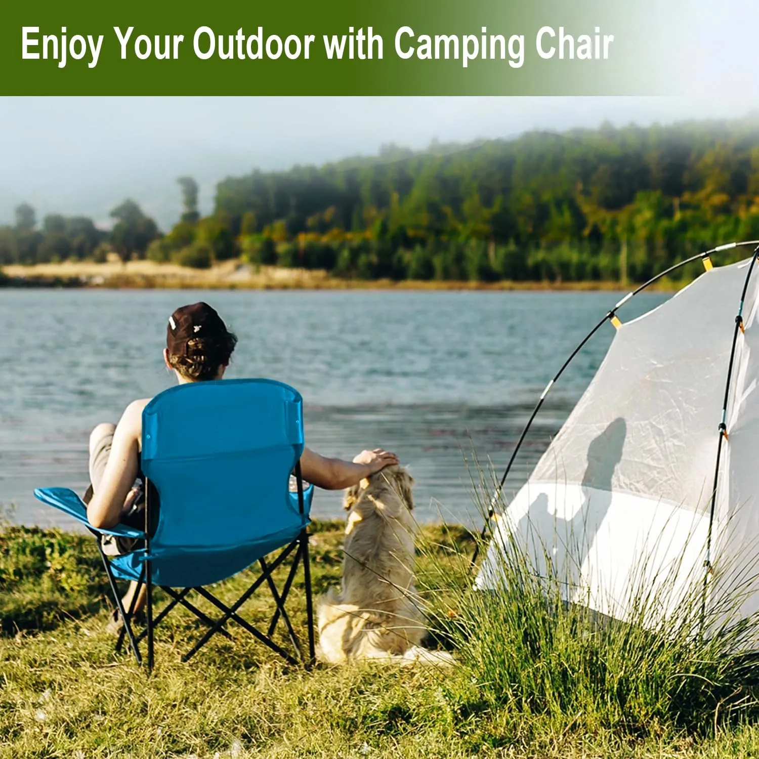 2PCS Folding Camping Collapsible Chairs Heavy Duty Lawn Chair with Cooler Bag, Storage Pocket, Waterproof Bag Outdoor Arm Chair, Supports 225LBS, Blue