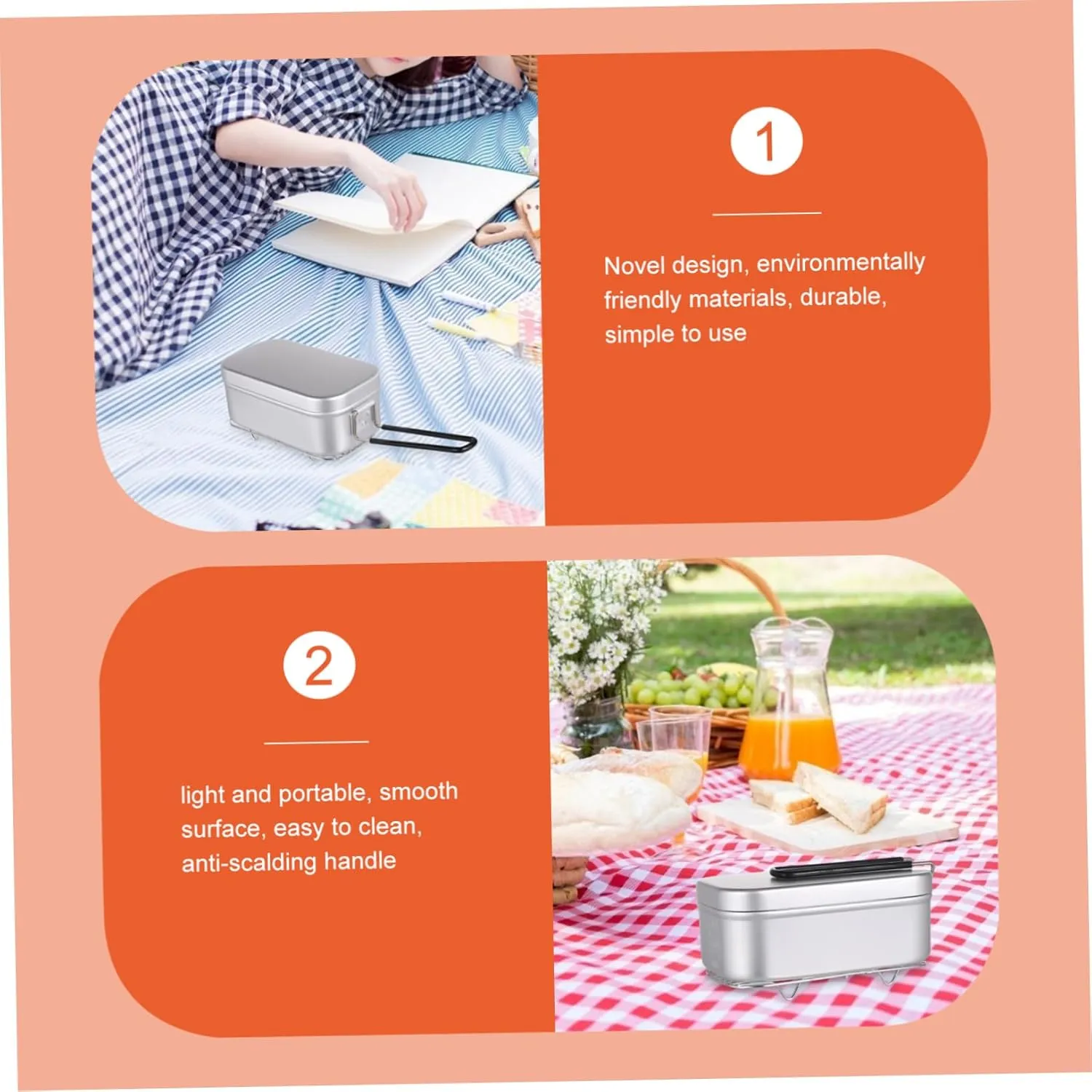 2pcs Outdoor Aluminum Alloy Square Lunch Box Foldable Handle Portable Food Container for Camping Picnic and Student Meals Leak-resistant Design Steamer