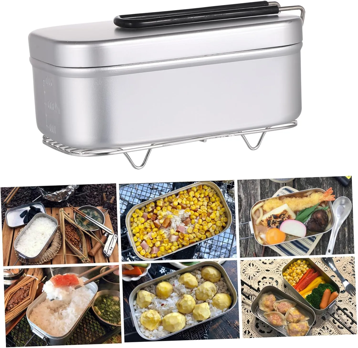 2pcs Outdoor Aluminum Alloy Square Lunch Box Foldable Handle Portable Food Container for Camping Picnic and Student Meals Leak-resistant Design Steamer