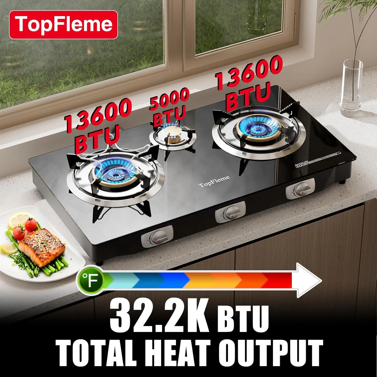 3 Burner Propane Stove 32,300 BTU High-Efficiency Tempered Glass Auto-Ignition Gas Burner Stove Top with CSA Hose for Outdoor RV Camping Emergency Cooking