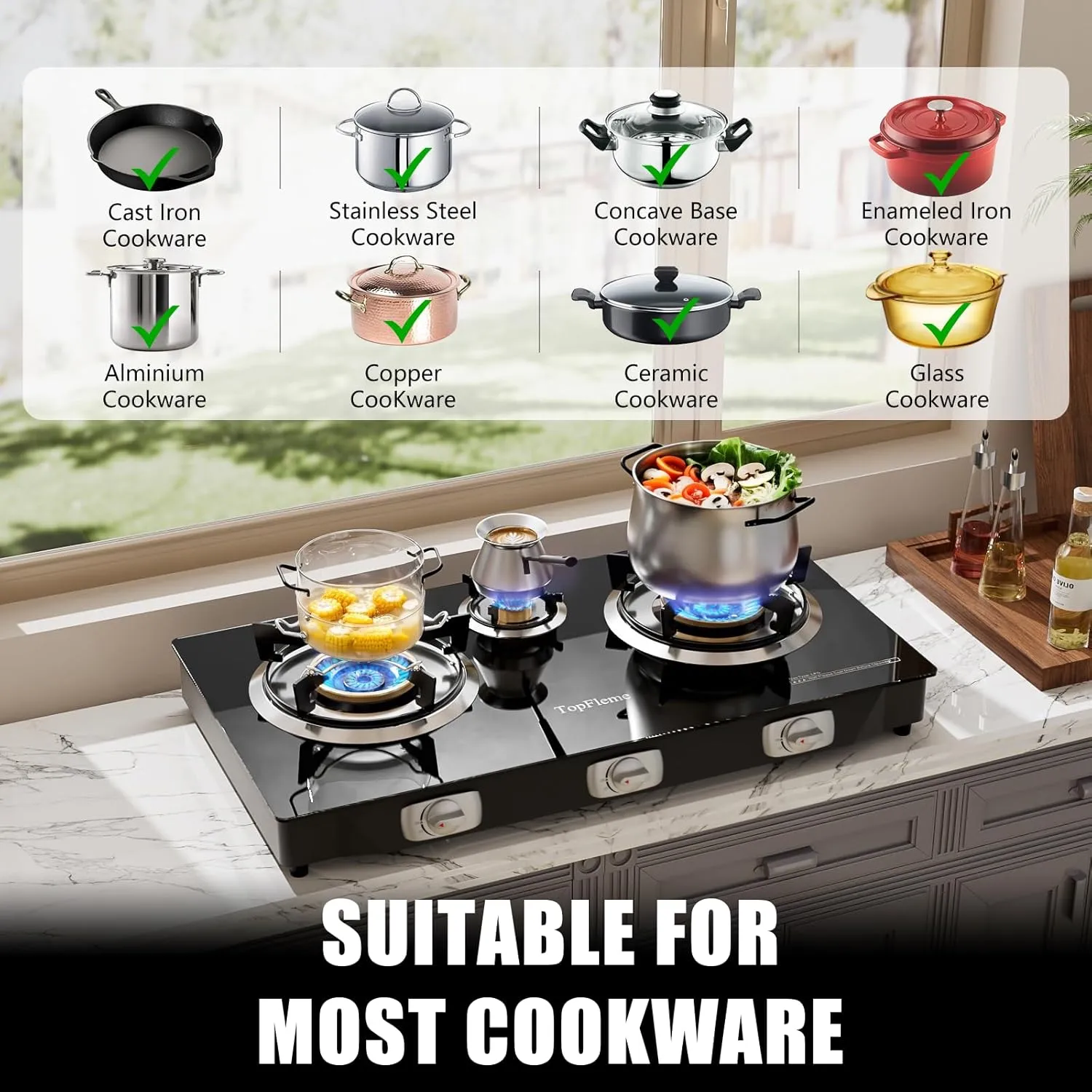 3 Burner Propane Stove 32,300 BTU High-Efficiency Tempered Glass Auto-Ignition Gas Burner Stove Top with CSA Hose for Outdoor RV Camping Emergency Cooking