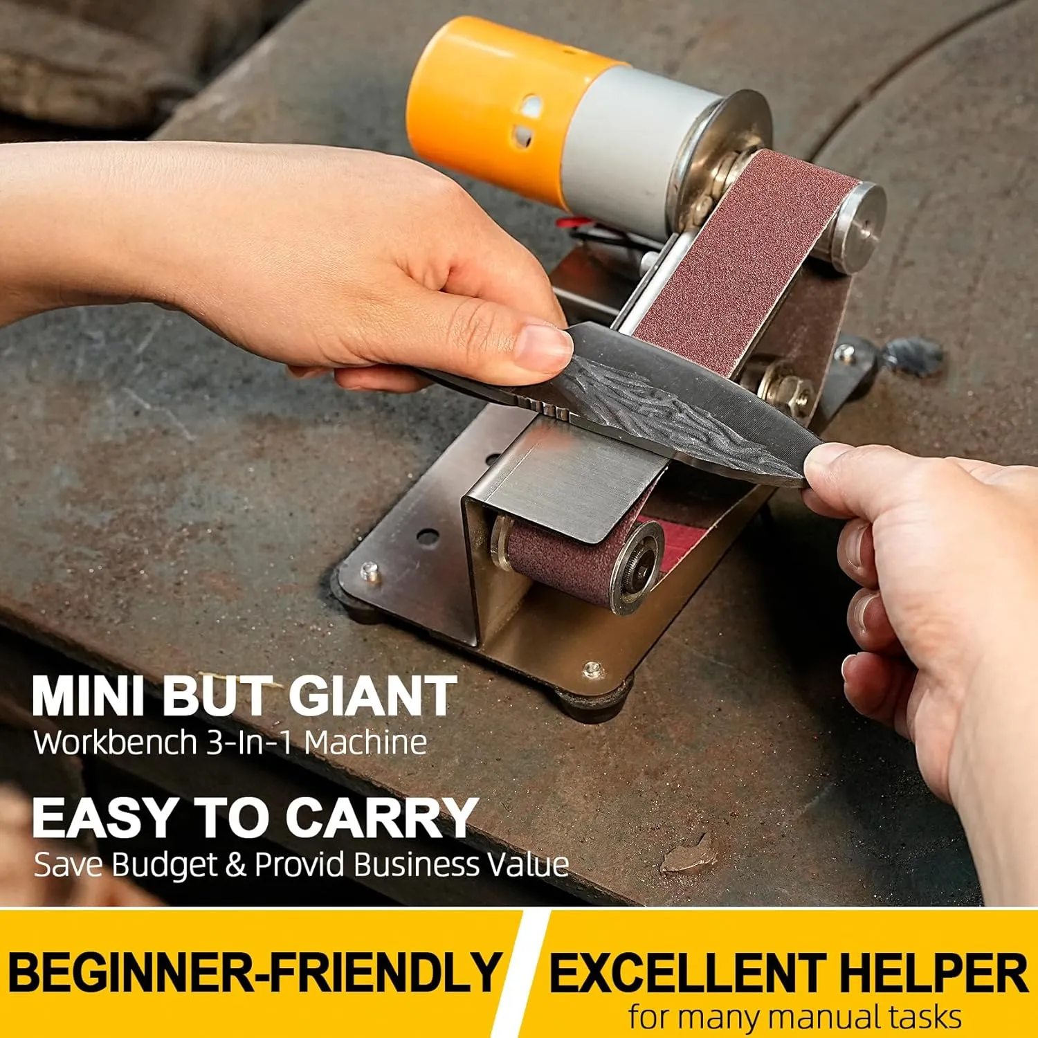 3-In-1 Mini Belt Sander - 15 Degree Knife Sharpener Electric Bench Grinder Sanding Machine, 7 Adjustable Speed Buffer Polisher for Metal Wood DIY Handcraft, Tool & Knife Sharpening (Plus Kit)