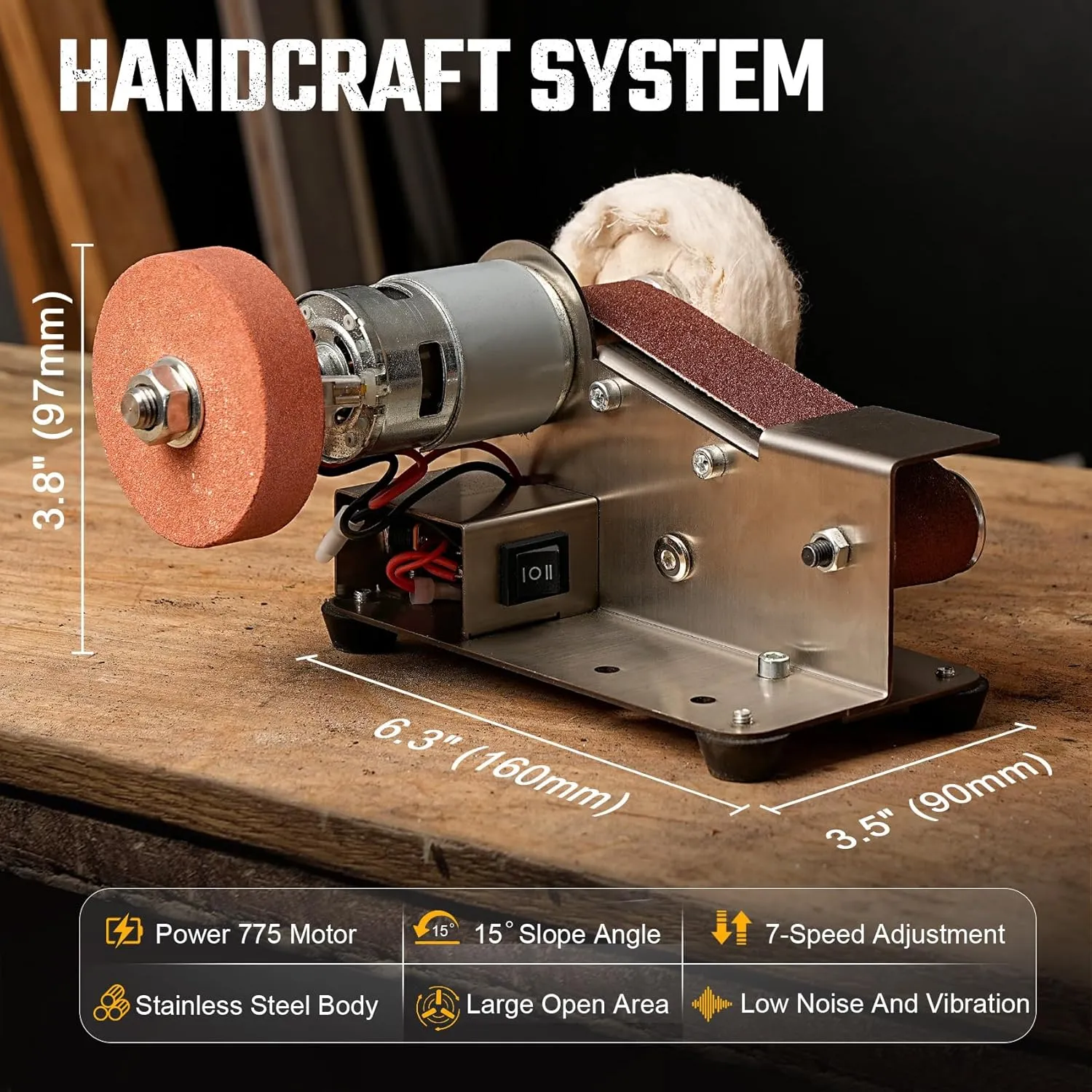 3-In-1 Mini Belt Sander - 15 Degree Knife Sharpener Electric Bench Grinder Sanding Machine, 7 Adjustable Speed Buffer Polisher for Metal Wood DIY Handcraft, Tool & Knife Sharpening (Plus Kit)