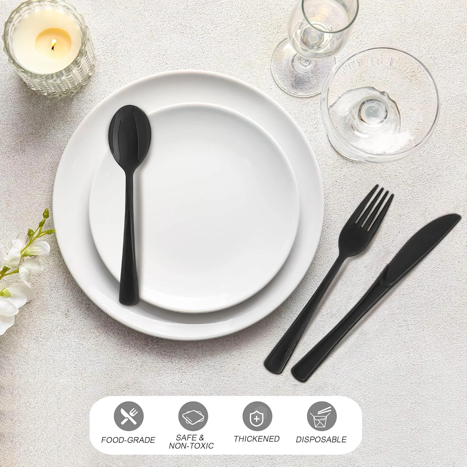 300 Pieces Graduation Plastic Silverware Heavy Duty Plastic Cutlery Set Heavyweight Disposable Flatware Includes Spoons Forks Knifes for Graduation Party Prom Night Wedding Dinner, Black
