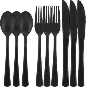 300 Pieces Graduation Plastic Silverware Heavy Duty Plastic Cutlery Set Heavyweight Disposable Flatware Includes Spoons Forks Knifes for Graduation Party Prom Night Wedding Dinner, Black
